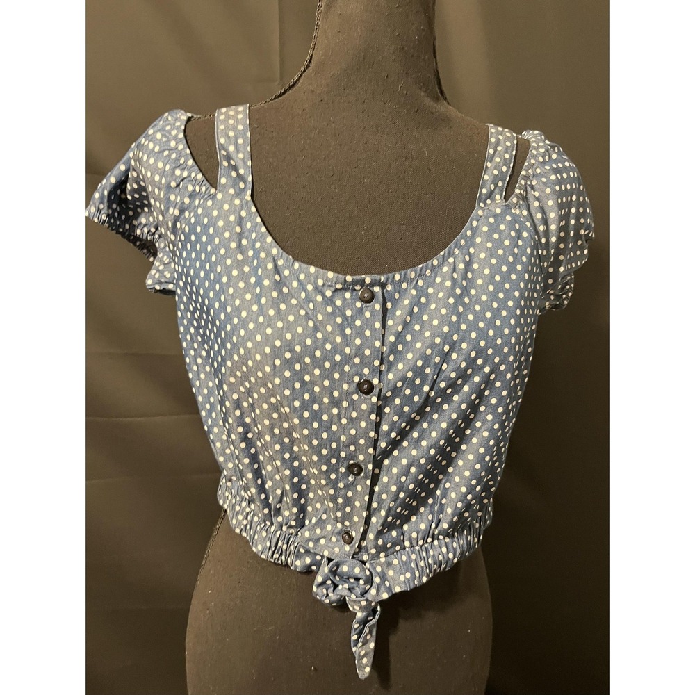 Promesa Top‎ Womens Medium Blue Polka Dot Button Front Tie Hem Crop Puff Sleeve